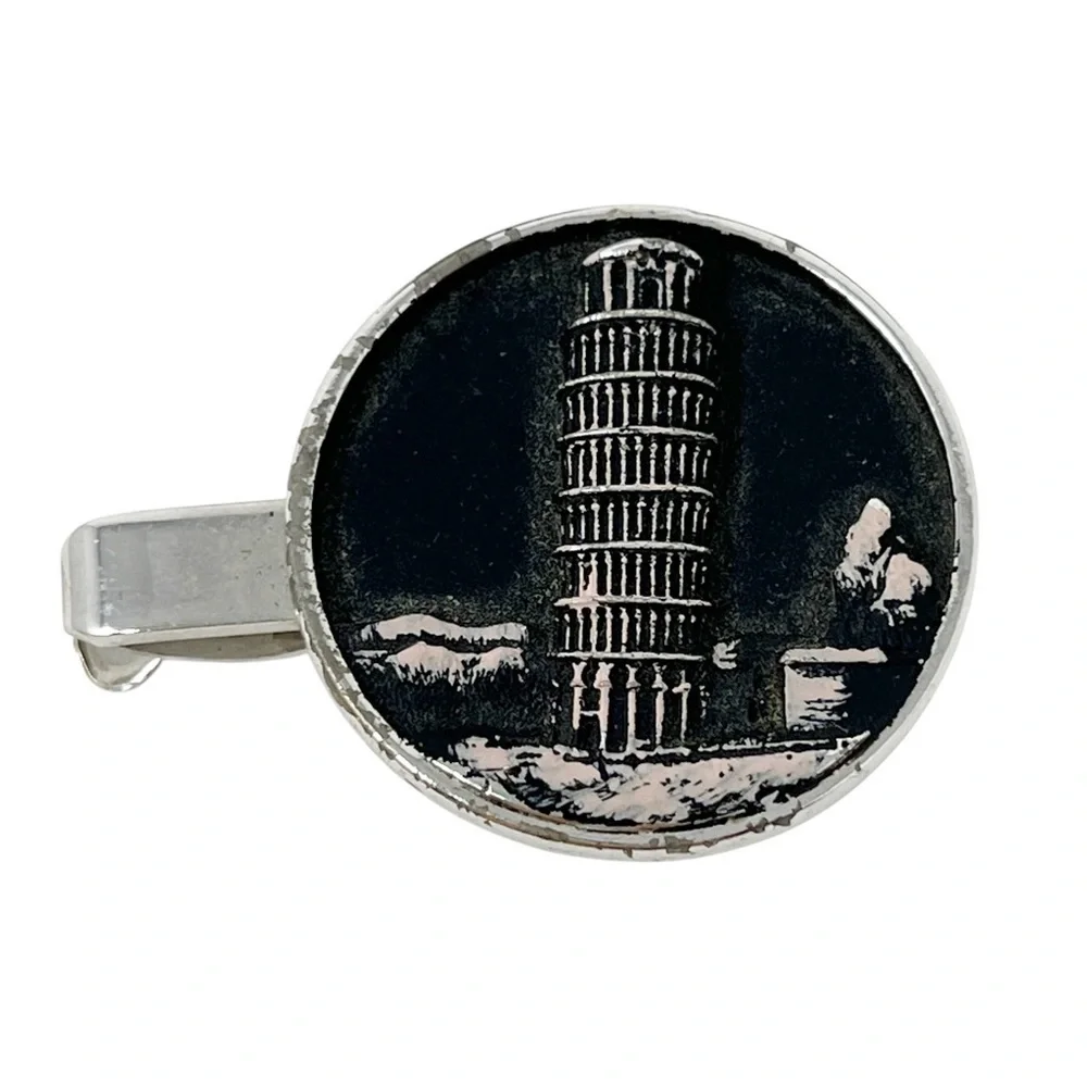 Vintage Hickok Silver Tone Leaning Tower of Pisa Cufflinks Tie Clip